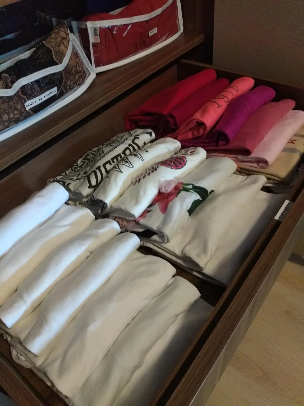 Cajón con camisetas dobladas en vertical para verlas todas de un vistazo y bolsas organizadoras transparentes detrás.